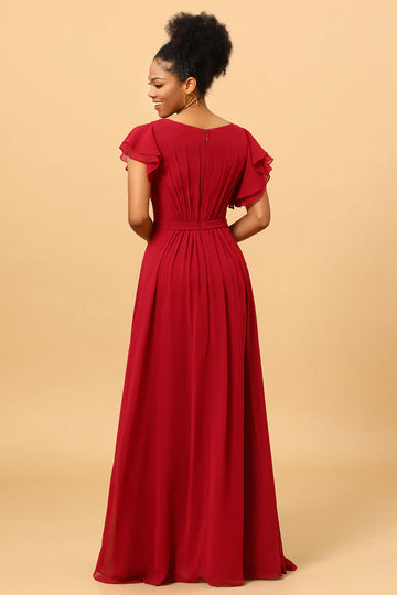 Robe de demoiselle d’honneur bordeaux en mousseline de soie avec manches à volants